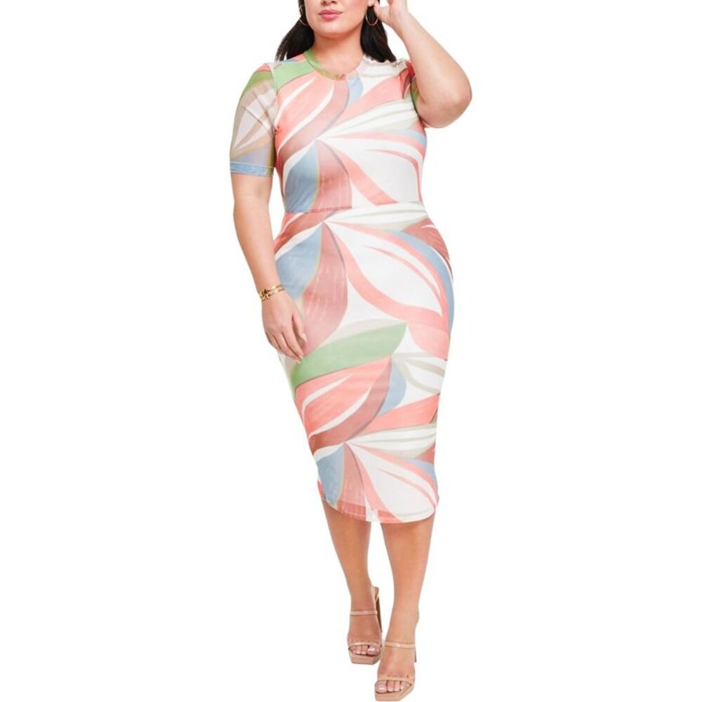 Printed Midi Dress in Coral, Mint & Blue